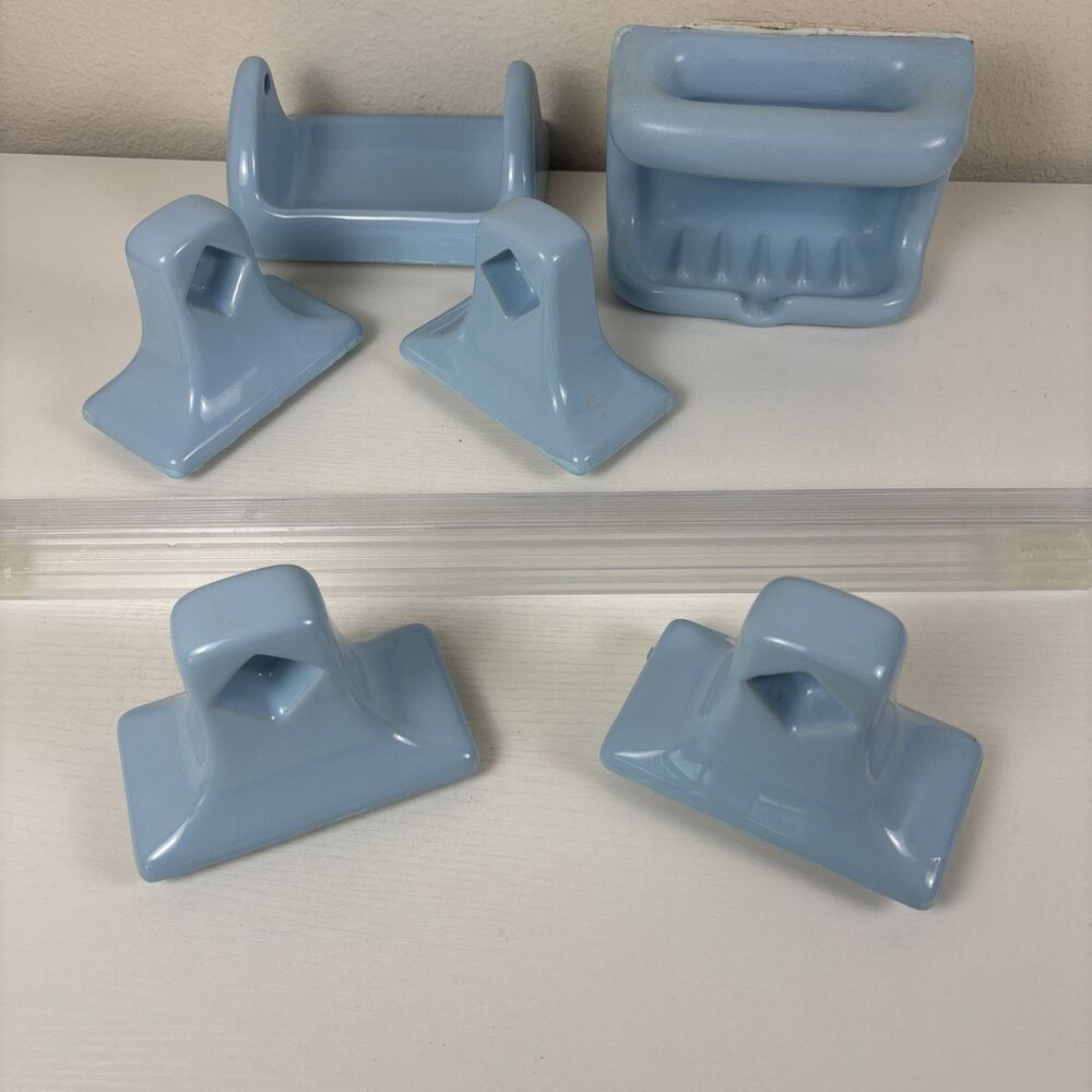 Vintage 8pc. MCM Ceramic Bathroom Porcelain Accessory Set Light Blue Japan Sun